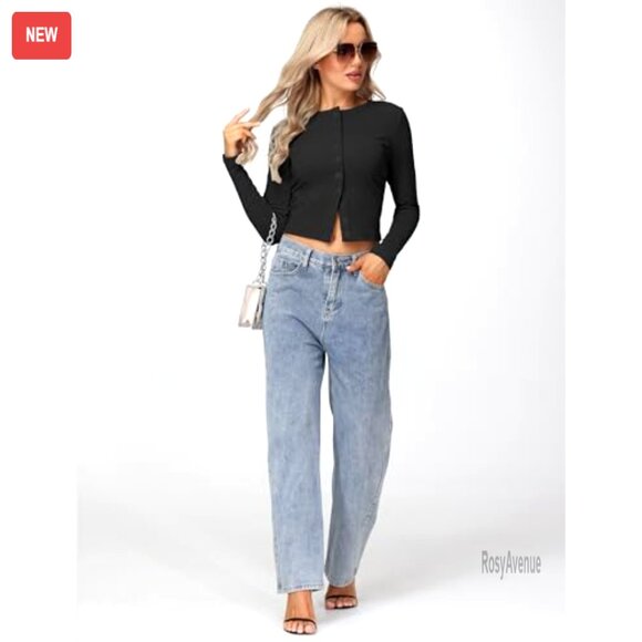 Long Sleeve Ribbed Cropped Cardigan Top, Polyester Spandex, Y2K Style - Picture 5 of 7